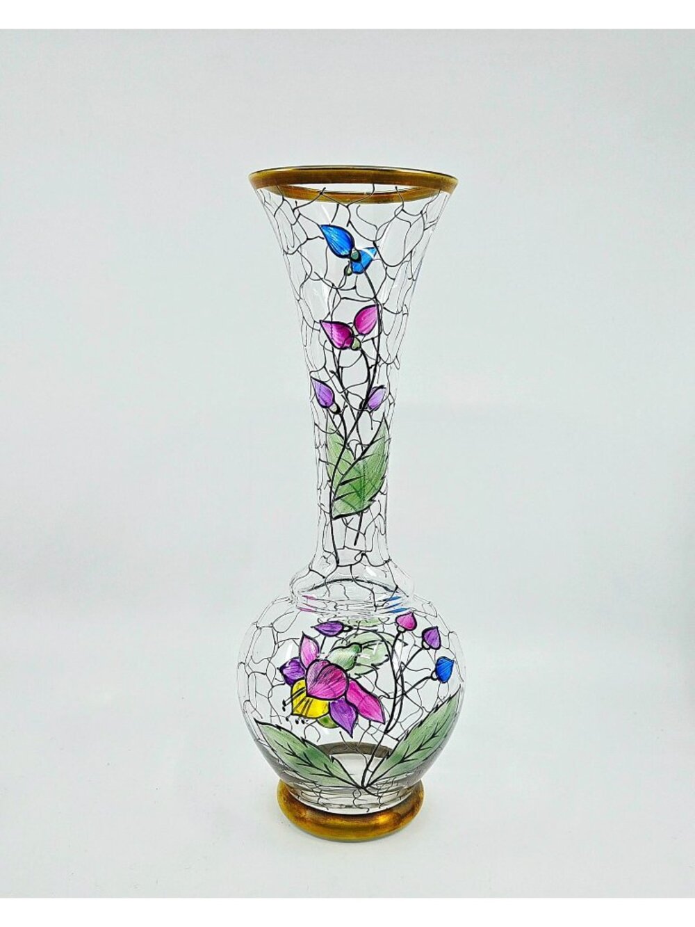 Vintage Handpainted Blown Glass Floral Vase Crystalex Bohemian Czech, Excellent
